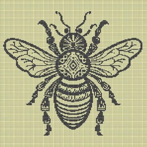 May include: Black and white intricate bee design with detailed wings and a patterned body. The bee is set against a light yellow background.