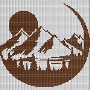 Peut inclure: Un motif de point de croix brun représentant une chaîne de montagnes avec un soleil couchant derrière. Les montagnes sont soulignées de blanc et le soleil est un cercle brun plein.
