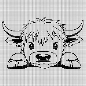 May include: Black and white pixel art illustration of a Highland cow. The cow has large, curved horns, shaggy fur, and a cute, friendly expression. The image is created using a grid-based pixel art style, giving it a retro feel.