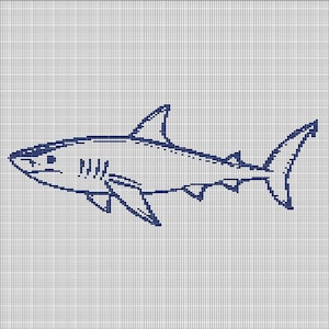 May include: A blue line drawing of a shark on a white grid background.