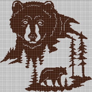 Bear in forest silhouette cross stitch pattern in pdf