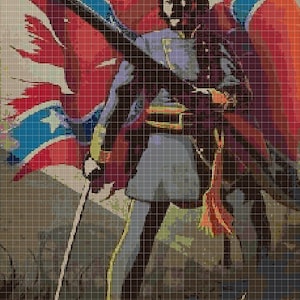 Könnte beinhalten: Ein Soldat in blauer Uniform steht mit einem Gewehr in der Hand und einer Konföderiertenflagge im Hintergrund. Die Flagge ist rot, weiß und blau mit einem weißen Stern im blauen Kanton.