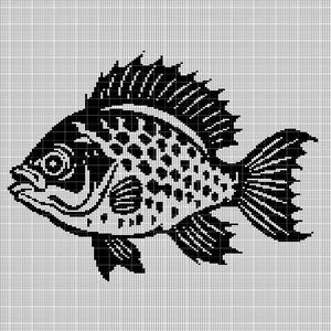 Könnte beinhalten: Schwarz-Weiß-Illustration eines Fisches. Der Fisch weist detaillierte Merkmale wie Schuppen, Flossen und ein großes Auge auf. Der Hintergrund ist ein Rastermuster.