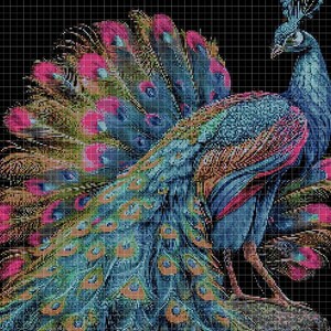 May include: A peacock with a vibrant blue and green body and a large, colorful tail with pink, green, and gold accents. The peacock is standing on a dark background.