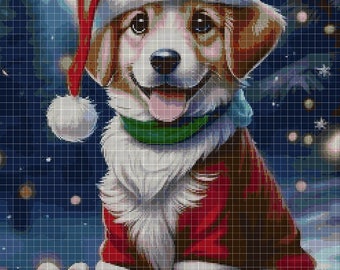 May include: A digital illustration of a smiling dog wearing a Santa hat and coat, with a green scarf. Two red gift boxes with gold bows sit in front of the dog against a snowy, blue background. The dog's fur is brown, white, and tan.