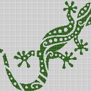 May include: Green stylised gecko lizard cross stitch pattern. The gecko is outlined in white and has a detailed design.