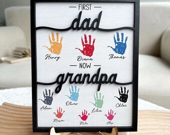 First Dad Now Grandpa Framed Sign, Custom Handprints Dad and Kids, Father's Day gift for Grandpa, Birthday Gift for Dad from Daughter Son