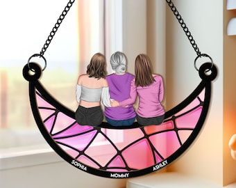 Mother Daughter On Moon Suncatcher, Personalized Window Hanging From Daughter, Custom Mum & Daughter, Mother's Day Gift for Mom, Grandma