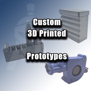 May include: Image showing custom 3D printed prototypes. The image includes a grey organiser with grooming tools, a stack of grey blocks, and a blue mechanical part. Text on the image reads "Custom 3D Printed Prototypes."