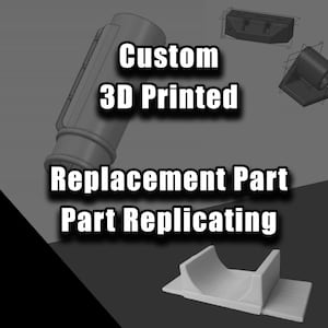 May include: Custom 3D printed replacement part for a device. The part is gray and has a curved shape. The text "Custom 3D Printed Replacement Part Part Replicating" is visible in the image.