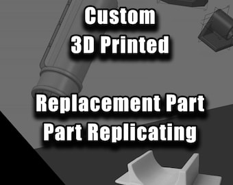 Op de afbeelding: Een op maat gemaakt, 3D-geprint vervangend onderdeel voor een apparaat. Het onderdeel is grijs en heeft een gebogen vorm. De tekst "Custom 3D Printed Replacement Part Part Replicating" is zichtbaar in de afbeelding.