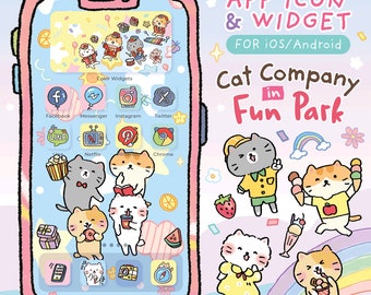 Peut inclure: Une maquette d'écran de téléphone coloré sur le thème du chat. L'écran affiche une variété d'icônes d'applications et de widgets, notamment Facebook, Instagram, Netflix et Chrome. Le téléphone est entouré de mignons chats de dessin animé dans diverses poses, notamment un chat portant une chemise jaune et un chat tenant un cornet de glace. Le texte "Cat Company in Fun Park" est affiché en haut de l'image.