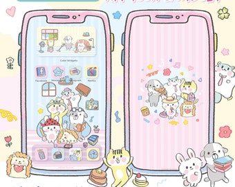 Peut inclure: Un écran de téléphone rose et bleu avec une illustration de dessin animé d'un groupe d'animaux. L'écran du téléphone affiche une variété d'icônes d'applications et de widgets. Le texte "Little Amiko" est en bas de l'écran, ainsi que le texte "Joyful Every Moment". Le texte "30 icons | 5 widgets | 8 wallpapers" est également sur l'écran.