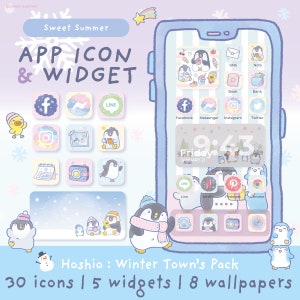 Puede incluir: Una ilustración digital de una pantalla de teléfono con un paquete de iconos y widgets de temática invernal. El paquete incluye 30 iconos, 5 widgets y 8 fondos de pantalla. Los iconos representan pingüinos y copos de nieve en una gama de colores pastel. El texto de la imagen dice "Hoshio: Winter Town's Pack".
