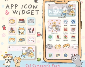Peut inclure: Un écran de téléphone avec un pack d'icônes et de widgets sur le thème des chats. Le pack comprend 30 icônes, 5 widgets et 8 fonds d'écran. Les icônes présentent de mignons chats de dessin animé dans diverses poses et environnements. Les widgets sont colorés et présentent des empreintes de pattes de chat. Les fonds d'écran sont un mélange de rose, de bleu et de blanc avec de jolies illustrations de chats.