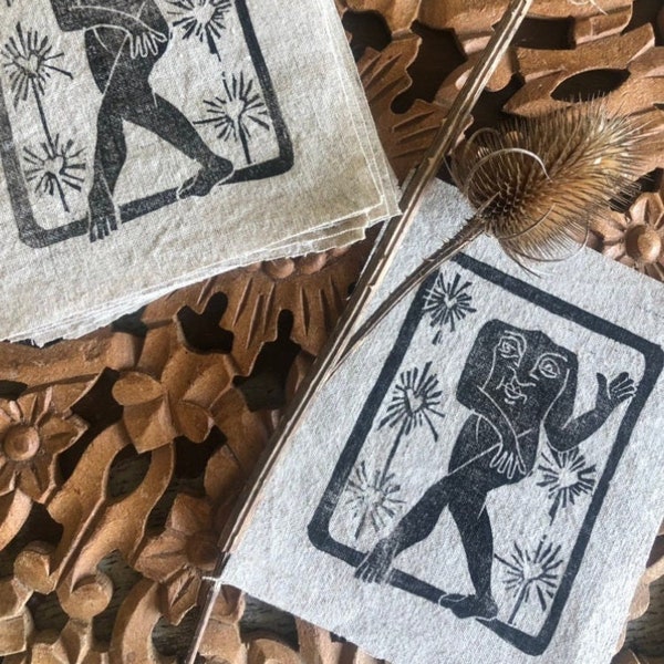 The Blemmyes - Original Lino Block Print - Medieval Mythological Creature - Medieval Folk Art - Linen/Cotton Blend Sewing Patch