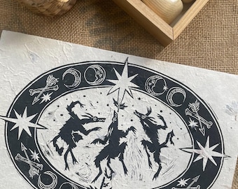 Hell Hounds of the Underworld - Original Signed Lino Relief Print - Celtic Folklore - Medieval Art - Handmade Flower Pressed Lokta paper