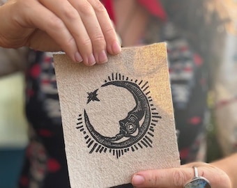 Moon - Original Lino Block Print - Celtic Folk Calendar - Medieval Folk Art - Linen/Cotten Blend Sewing Patch - Pagan - Black