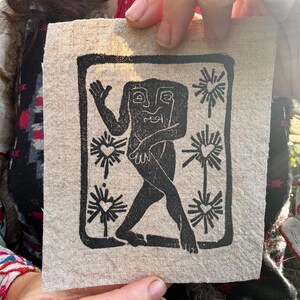 The Blemmyes - Original Lino Block Print - Medieval Mythological Creature - Medieval Folk Art - Linen/Cotton Blend Sewing Patch image 2
