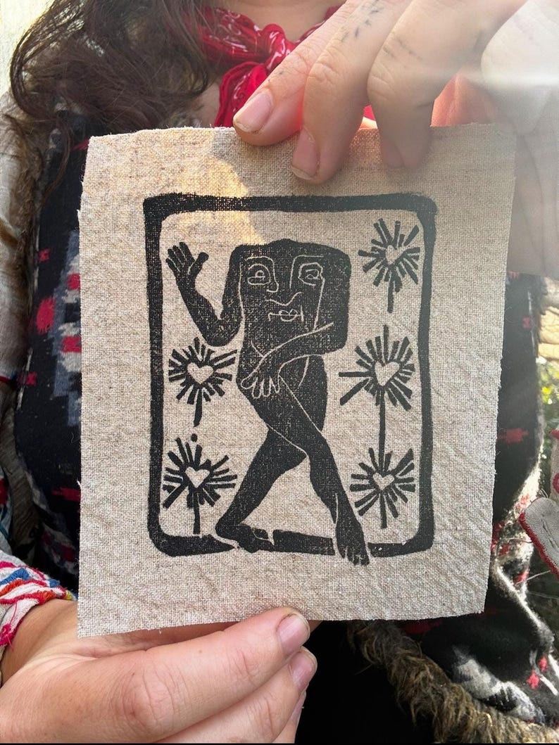 The Blemmyes - Original Lino Block Print - Medieval Mythological Creature - Medieval Folk Art - Linen/Cotton Blend Sewing Patch image 2