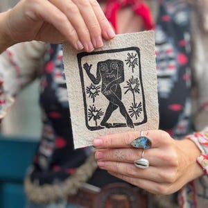 The Blemmyes - Original Lino Block Print - Medieval Mythological Creature - Medieval Folk Art - Linen/Cotton Blend Sewing Patch