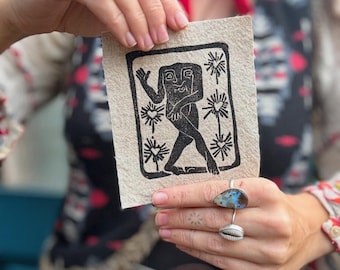 The Blemmyes - Original Lino Block Print - Medieval Mythological Creature - Medieval Folk Art - Linen/Cotton Blend Sewing Patch