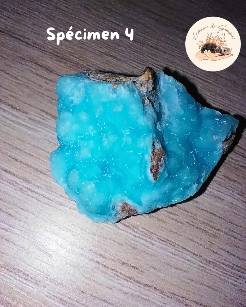 May include: A vibrant, turquoise mineral specimen with a rough, textured surface. The stone is labeled "Sp&eacute;cimen 4" in white script. A circular logo with the text "Lumi&egrave;re de Gemmes" and a small illustration is in the upper right corner.