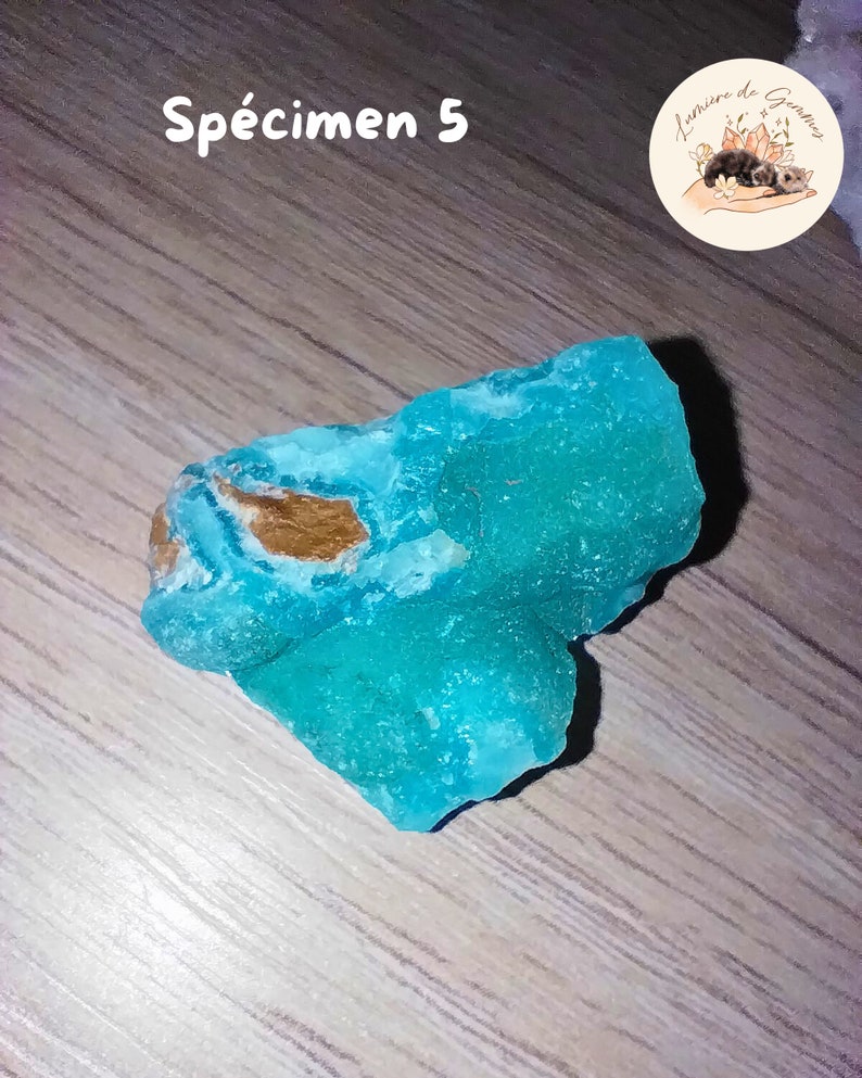 May include: A vibrant turquoise mineral specimen with a rough, textured surface. The stone has patches of brown and is labeled "Sp&eacute;cimen 5". The image also includes a logo with the text "Lumi&egrave;re de Gemmes".