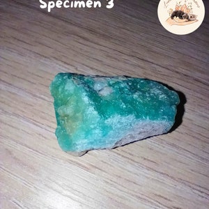 May include: A rough-cut, vibrant green mineral specimen. The stone has a crystalline structure with areas of lighter green and white. The text "Sp&eacute;cimen 3" is visible in the upper left corner. A circular logo with text and illustrations is in the upper right.