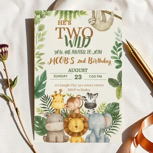 Zwei wilde Dschungeltiere zum 2. Geburtstag Einladung: Bearbeitbare Vorlage (Digitaler Download 5x7 "Canva Vorlage)"