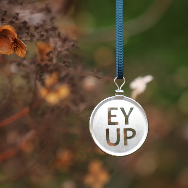 Ey up upcycled etched vintage opticians lens | ornament, decoration, Christmas, unique gift | repurposed, reused | Yorkshire