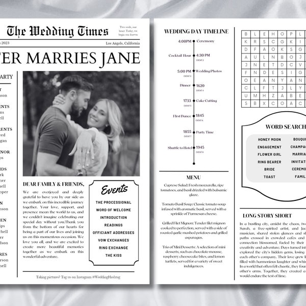 Wedding Newspaper Post | Fun Wedding Program Idea | Edit on Canva | Printable Wedding Program