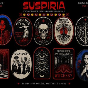 Może przedstawiać: Zestaw dziesięciu wzorów naszywek do pobrania cyfrowego z ilustracjami o tematyce horroru. Grafiki przedstawiają czaszkę, drzewo, oczy, osobę trzymającą nóż oraz tekst, taki jak SUSPIRIA, DANCING IS AN ACT OF MAGIC i DO YOU KNOW ANYTHING ABOUT WITCHES?