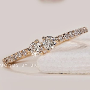 Minimalist Diamond Ring Two Stone Promise Ring for Her Thin Gold Stacking Rings Diamond Eternity Ring Dainty Daily Wear Ring You and Me
