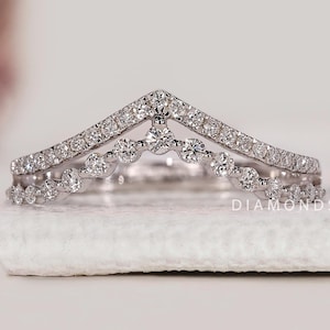 Double Band Wedding Ring Two Row Ring in 14k 18k 10k Solid Gold Pretty Multi Layer Bridal Ring Half Eternity Ring Lab Grown Diamond Ring