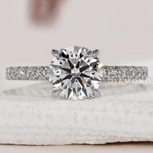 Round Lab Grown Diamond Ring Hidden Halo Engagement Ring Round Diamond Wedding Ring Solitaire Proposal Ring for Her Unique Pave Setting Ring