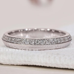 Genuine Lab Diamond Wedding Band Kinfe Edge Band & Pave Set Ring One Side Diamond Ring Solid Yellow Rose White Gold Ring Wide Stacking Ring