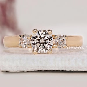 Three Stone Round Engagement Rings All Lab Grown Diamond Ring Round Trilogy Ring Anniversary Gifts Round Diamond Ring Wide Band Wedding Ring