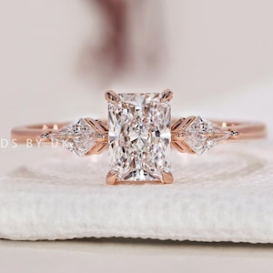 Radiant Engagement Ring Unique Three Stone Ring Side Kite Diamond Ring Real Lab Grown Diamond Ring Trilogy Wedding Anniversary Ring for Gift
