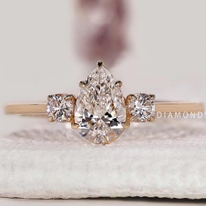 Pear Diamond Ring for Wife 3 Stone Engagement Ring for Her Lab Grown Diamond Anniversary Ring Unique Proposal Diamond Ring for Girlfriend