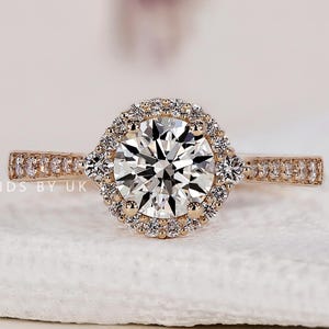 Halo Engagement Ring Round Lab Grown Diamond Ring Pave Diamond Wedding Ring Unique Anniversary Ring for Gift Tapered Shank Ring 10k 14k 18k