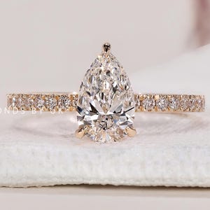 Hidden Halo Engagement Ring Genuine Pear Diamond Ring Real Lab Grown Pear Diamond Ring Unique Anniversary Ring for Her Simple Pave Set Ring