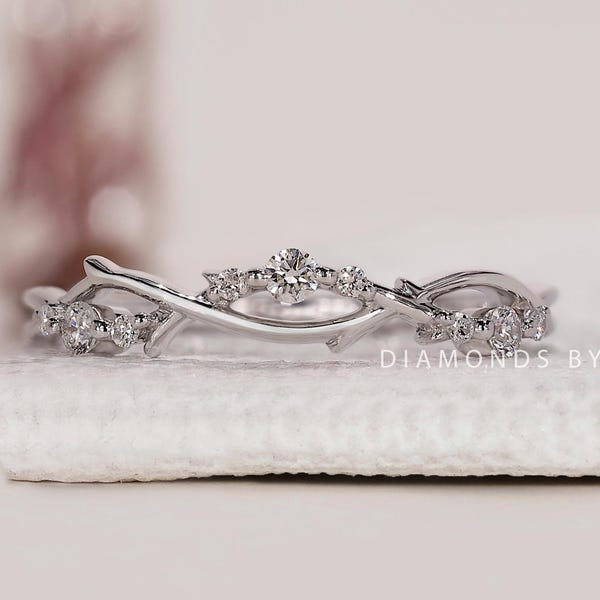 Vintage Diamond wedding band Art Deco Leaf Gold Branch Matching Band Half Eternity Twig Band Anniversary Women Gift Genuine Lab Diamond Ring