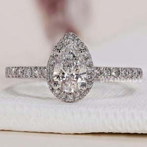 Pear Lab Grown Diamond Ring Pear Shaped Halo Engagement Ring Genuine Lab Grown Diamond Anniversary Ring Simple Diamond Ring for Girlfriend