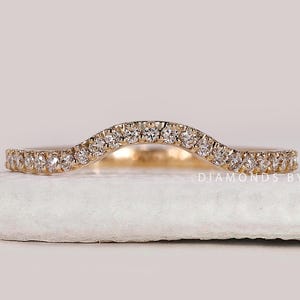 Custom Curved Ring Wedding Band for Women Real Lab Diamond Band Ring Anniversary Gift for Wife Her Chevron Ring Round Diamond Stacking Ring