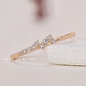 Diamond Cluster Ring Unique Stackable Wedding Ring Matching Band for Engagement Ring Wave Bridal Ring Solid White Rose Yellow Gold Ring Gift