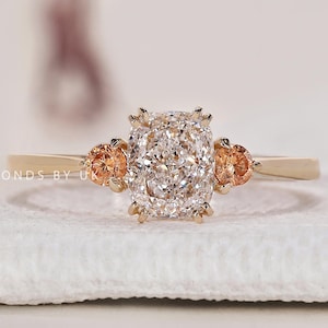 Cushion Diamond Engagement Ring Real Lab Grown Diamond Trilogy Anniversary Ring Unique Three Diamond Ring Side 2 Round Custom Gemstone Ring