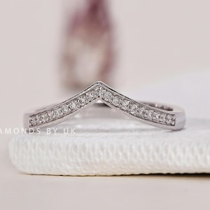 Solid Gold Curved Wedding Ring Women Chevron Stacking Band V Shaped Real Lab Grown Diamond Ring Wishbone Ring Enhancer Contour Rings for Her
