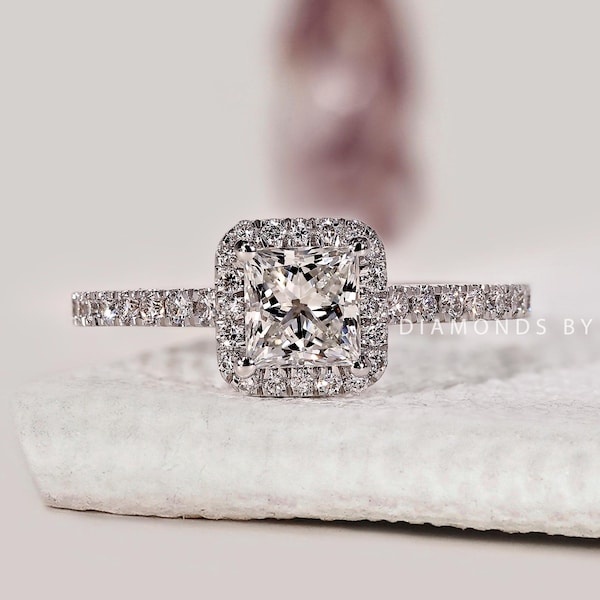 Halo Engagement Ring Princess Cut Diamond Ring for Women Genuine Lab Grown Diamond Ring Square Diamond Ring for Anniversary Gifts Pave Ring