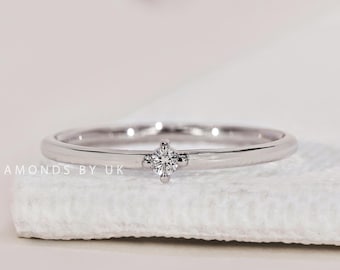 Diamond Round Solitaire Ring Small Diamond Promise Ring Solid Gold Basic Engagement Ring Delicate Proposal Ring, Anniversary Gift for Wife